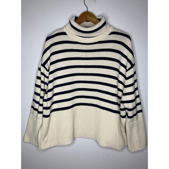 Gap Womens Striped Turtleneck Sweater Navy & Cream Large Ribbed Hem - Picture 1 of 8